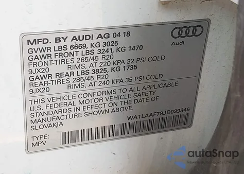 2018 Audi Q7 3.0T Premium from USA, damaged, VIN WA1LAAF78JD039346